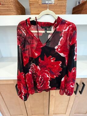 White House Black Market Red Floral Sheer V-Neck Blouse